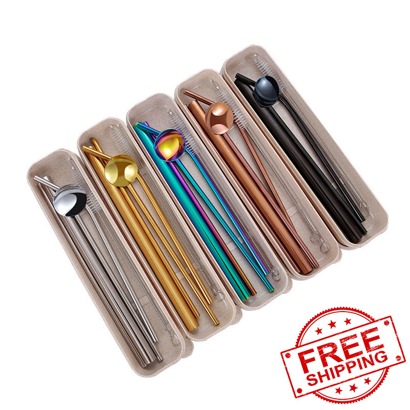 Silver Stainless Steel Straw Spoon Set